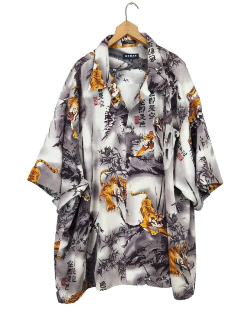 Koman Sport Button Up Shirt Mens 4X Tiger Bamboo Gray Tropical Graphic Print